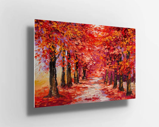 Red trees forest oil painting UV Direct Aluminum Print Australian Made Quality