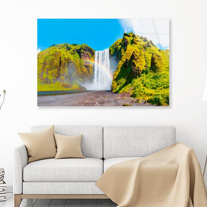 Icelandic View Waterfall and Amazing Rainbow Acrylic Glass Print Tempered Glass Wall Art 100% Made in Australia Ready to Hang