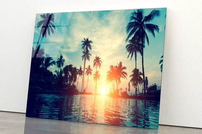 Sunset With Palm Trees in Beach Acrylic Glass Print Tempered Glass Wall Art 100% Made in Australia Ready to Hang