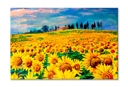 Oil Painting With Sunflower Field Wall Art Limited Edition High Quality Print Stretched Canvas None