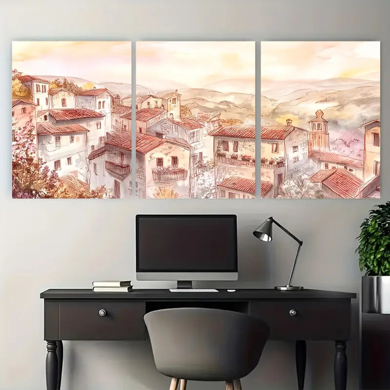 3pcs Rustic European Hilltop Village Metal Print Ready to Hang Art