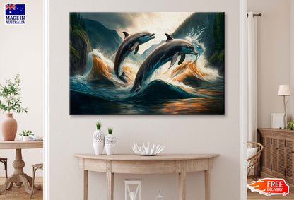 Couple Jumping Dolphins, Blue Sea and Sky Wall Art Limited Edition High Quality Print