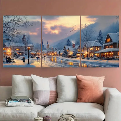 3pcs Snow Covered Glowing Golden Lights Metal Print Ready to Hang Art