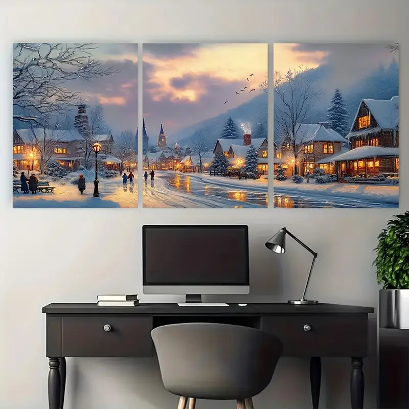 3pcs Snow Covered Glowing Golden Lights Metal Print Ready to Hang Art