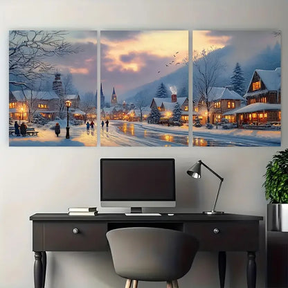 3pcs Snow Covered Glowing Golden Lights Metal Print Ready to Hang Art