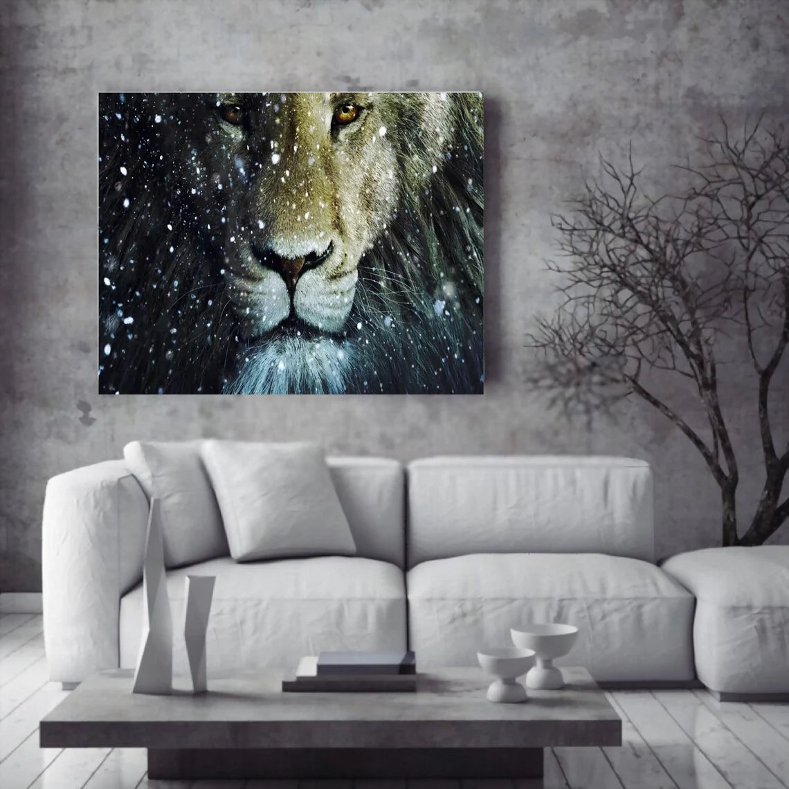 Large Lion with snow UV Direct Aluminum Print Australian Made Quality