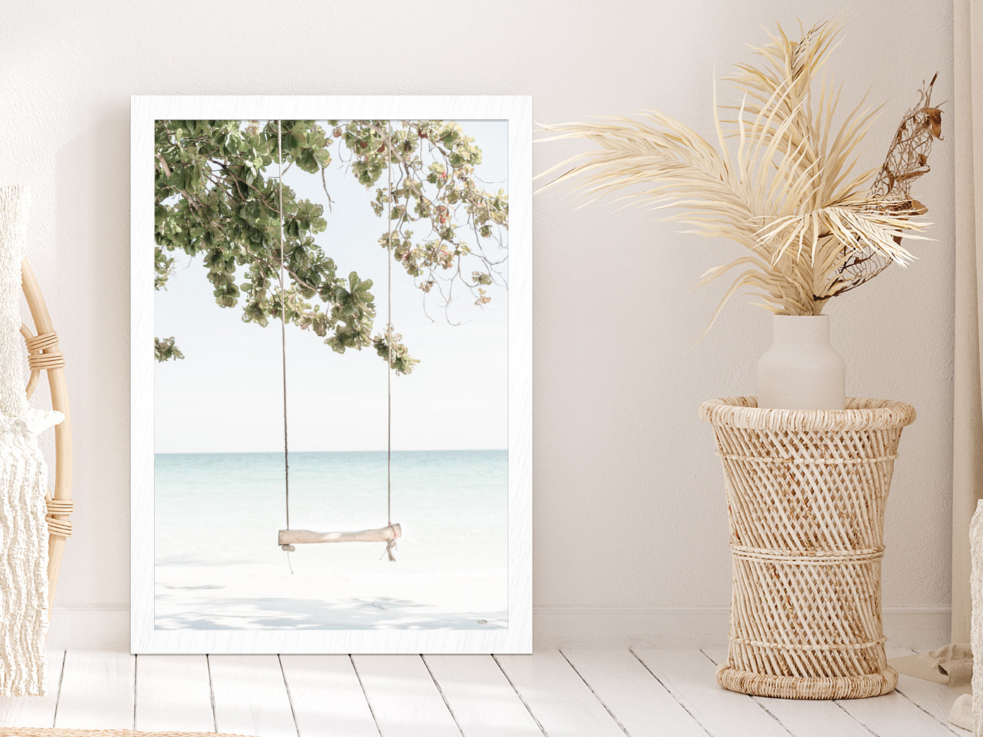 Beach Swing & Tree near Beach Photograph Glass Framed Wall Art, Ready to Hang Quality Print Without White Border White