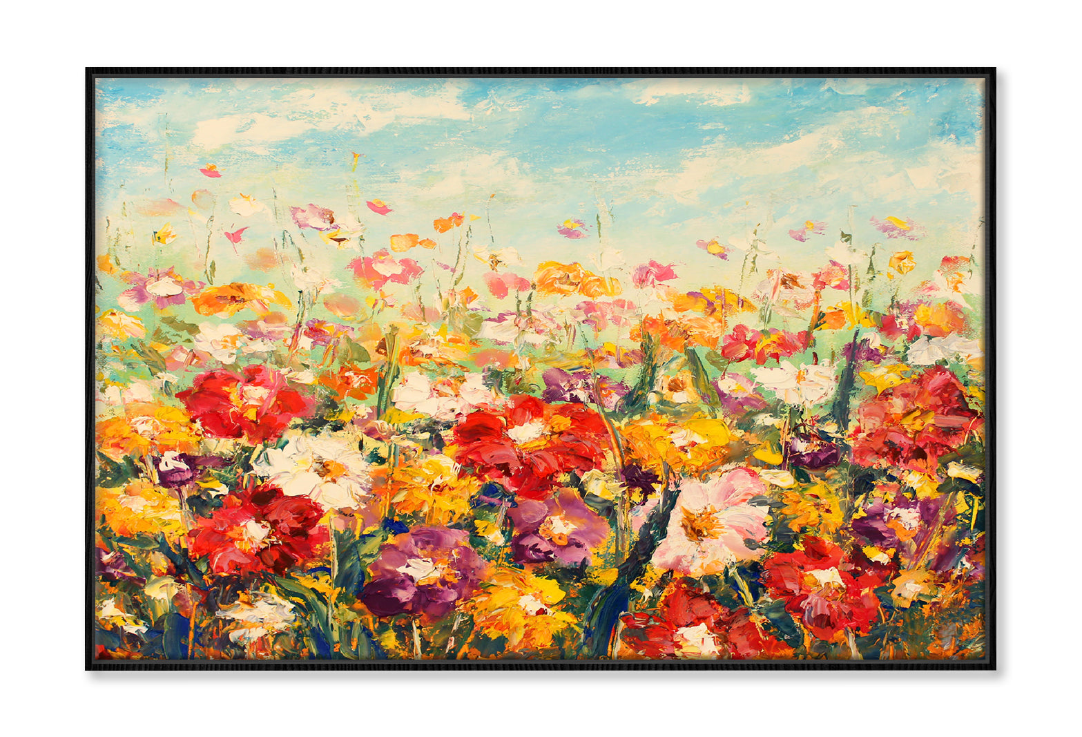 Colorful Flower Field with Cloudy Blue Sky Painting Wall Art Limited Edition High Quality Print Canvas Box Framed Black