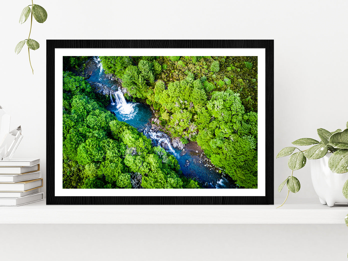 Tawhai Falls In Tongariro Park Glass Framed Wall Art, Ready to Hang Quality Print With White Border Black