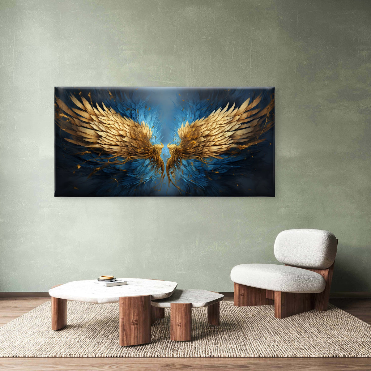Gold Angel Wings Blue Oil Painting Wall Art Canvas Office Home Room Framed 120x60cm