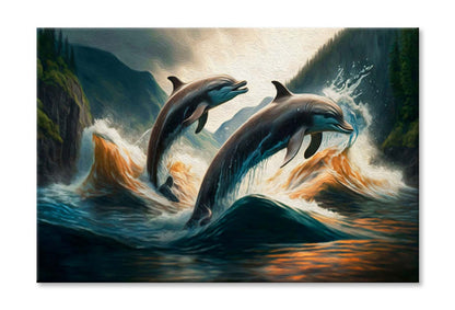 Couple Jumping Dolphins, Blue Sea and Sky Wall Art Limited Edition High Quality Print