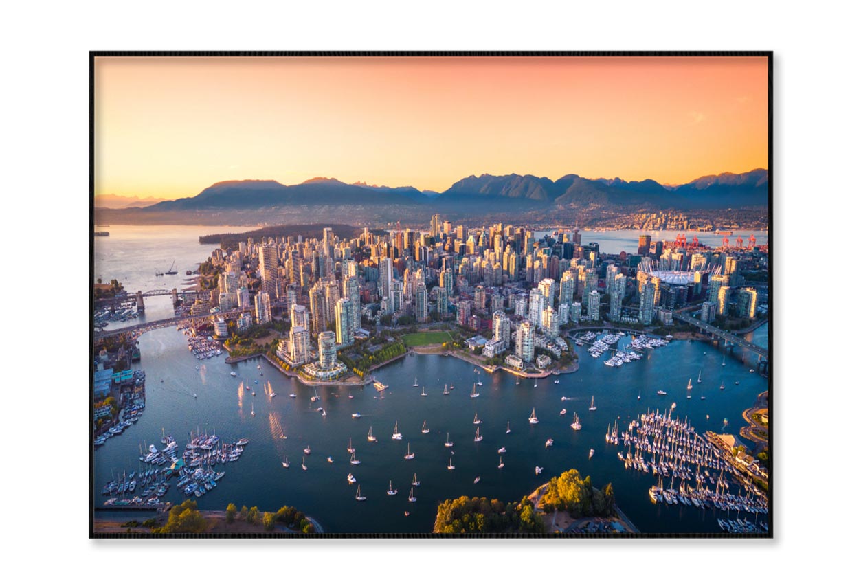 Beautiful Aerial View of Downtown Vancouver Skyline, British Columbia, Canada at Sunset Home Decor Premium Quality Poster Print Choose Your Sizes