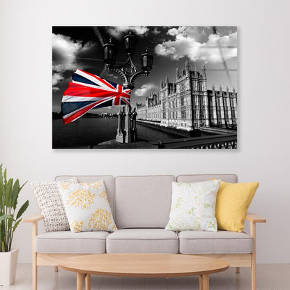 Houses Of Parliament with Flag of England, London, UK Acrylic Glass Print Tempered Glass Wall Art 100% Made in Australia Ready to Hang