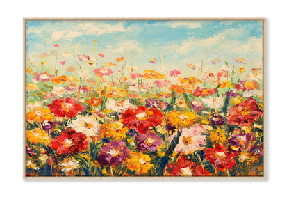 Colorful Flower Field with Cloudy Blue Sky Painting Wall Art Limited Edition High Quality Print Canvas Box Framed Natural