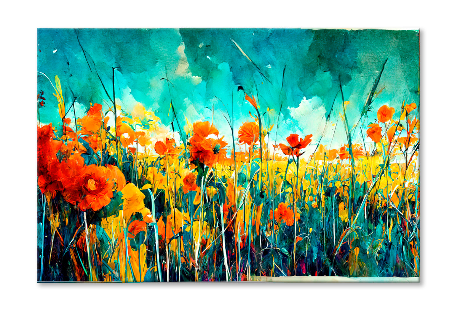 Blue Sky Green, Red & Orange Flowers Oil Painting Wall Art Limited Edition High Quality Print Stretched Canvas None