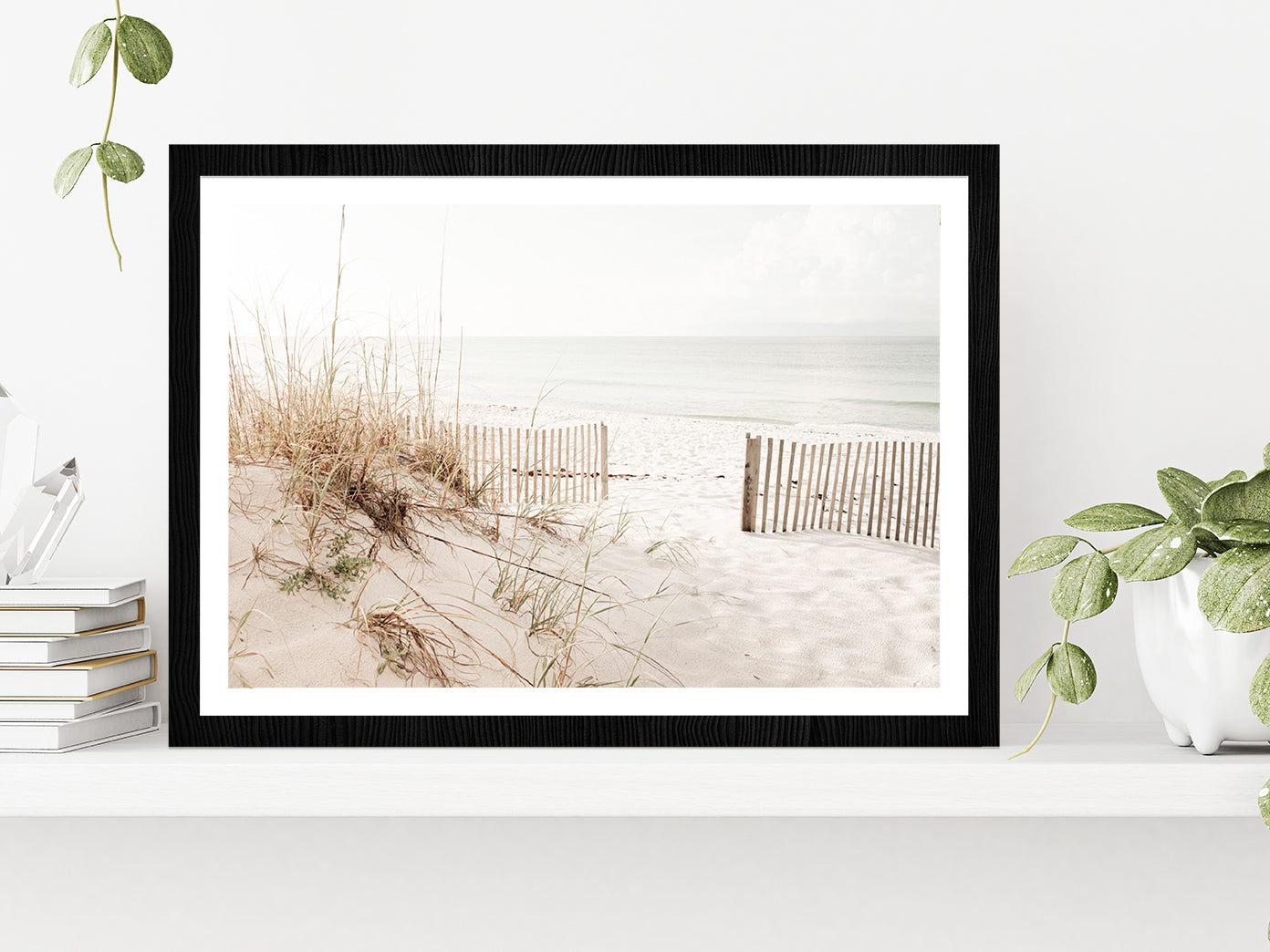 Fence Sea Grass Shore Faded View Photograph Glass Framed Wall Art, Ready to Hang Quality Print With White Border Black