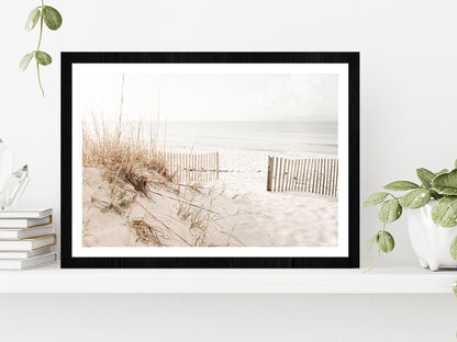 Fence Sea Grass Shore Faded View Photograph Glass Framed Wall Art, Ready to Hang Quality Print With White Border Black