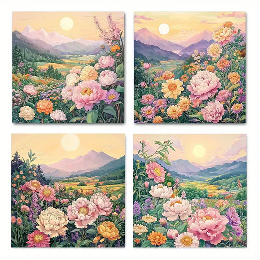 4pcs Floral & Mountain Landscape, Pink Peonie Wall Art Canvas Framed