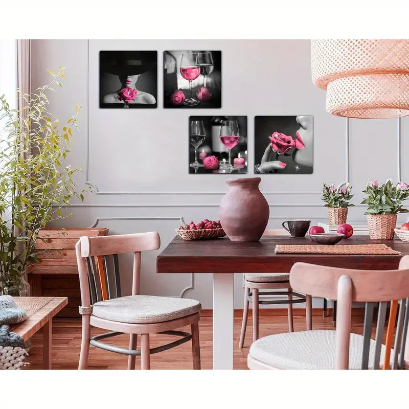 4pcs Pink Rose Wine Glasses Wall Art Canvas Framed
