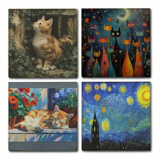 4pcs Cute Cat Decor Wall Art Canvas Framed