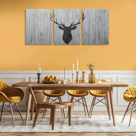 3pcs Black Deer Head Classic Design on Wood Metal Print Ready to Hang Art