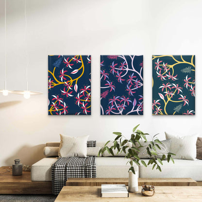 3pcs Dark Floral Botanical Pattern Wall Art Set Canvas Framed 40x60cm - High Quality Print 100% Australian Made Wall Canvas Ready to Hang