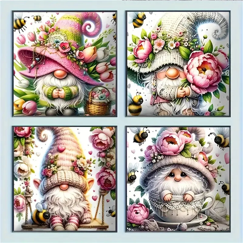 4pcs Bees, Butterflies, Gnomes, And Flowers Wall Art Canvas Framed