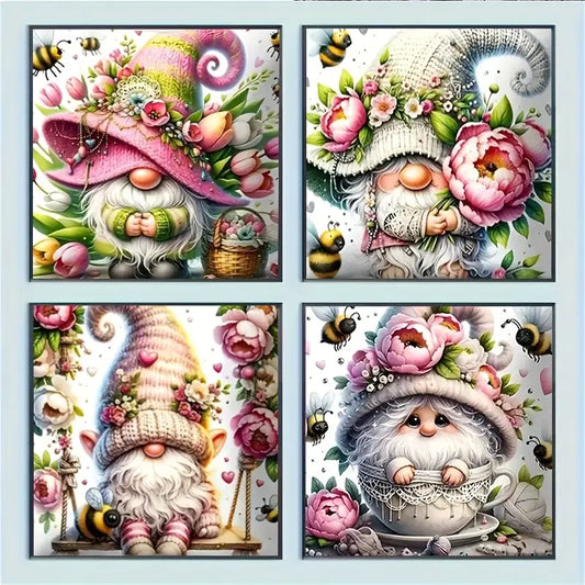 4pcs Bees, Butterflies, Gnomes, And Flowers Wall Art Canvas Framed