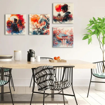 4pcs Japanese Samurai Cherry Blossom Wall Art Canvas Framed