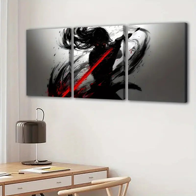 3pcs Abstract Ink Wash Swordsman Poster Wall Art Set Canvas Framed 50x70cm - High Quality Print 100% Australian Made Wall Canvas Ready to Hang