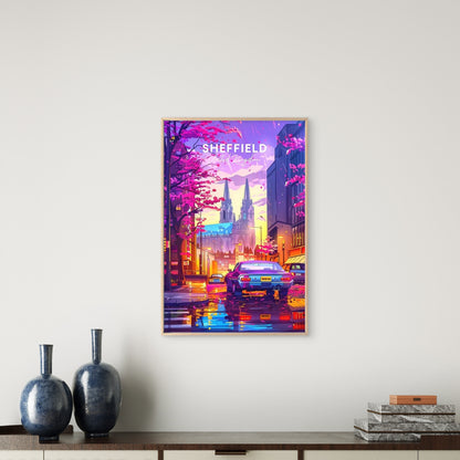 Sheffield England Pink Cherry Blossom Trees Travel Poster Print Wall Art