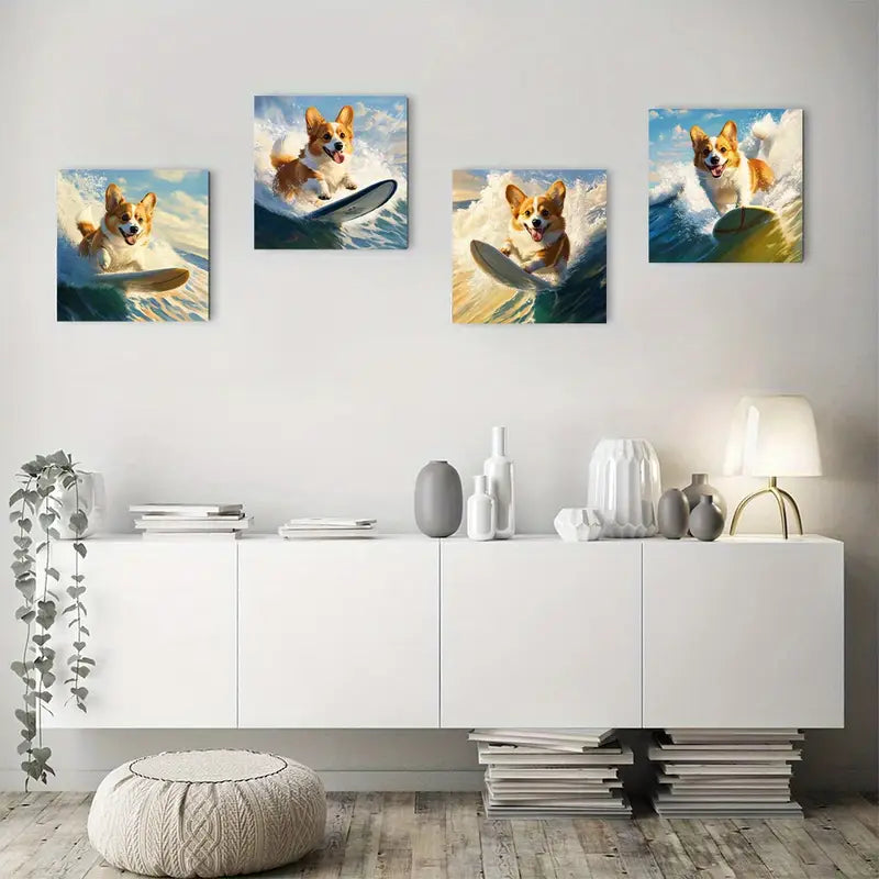 4pcs Dog Surfing Art Poster Wall Art Canvas Framed