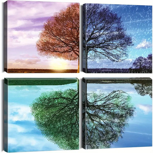 4pcsFour Seasons Tree Picture Wall Art Canvas Framed