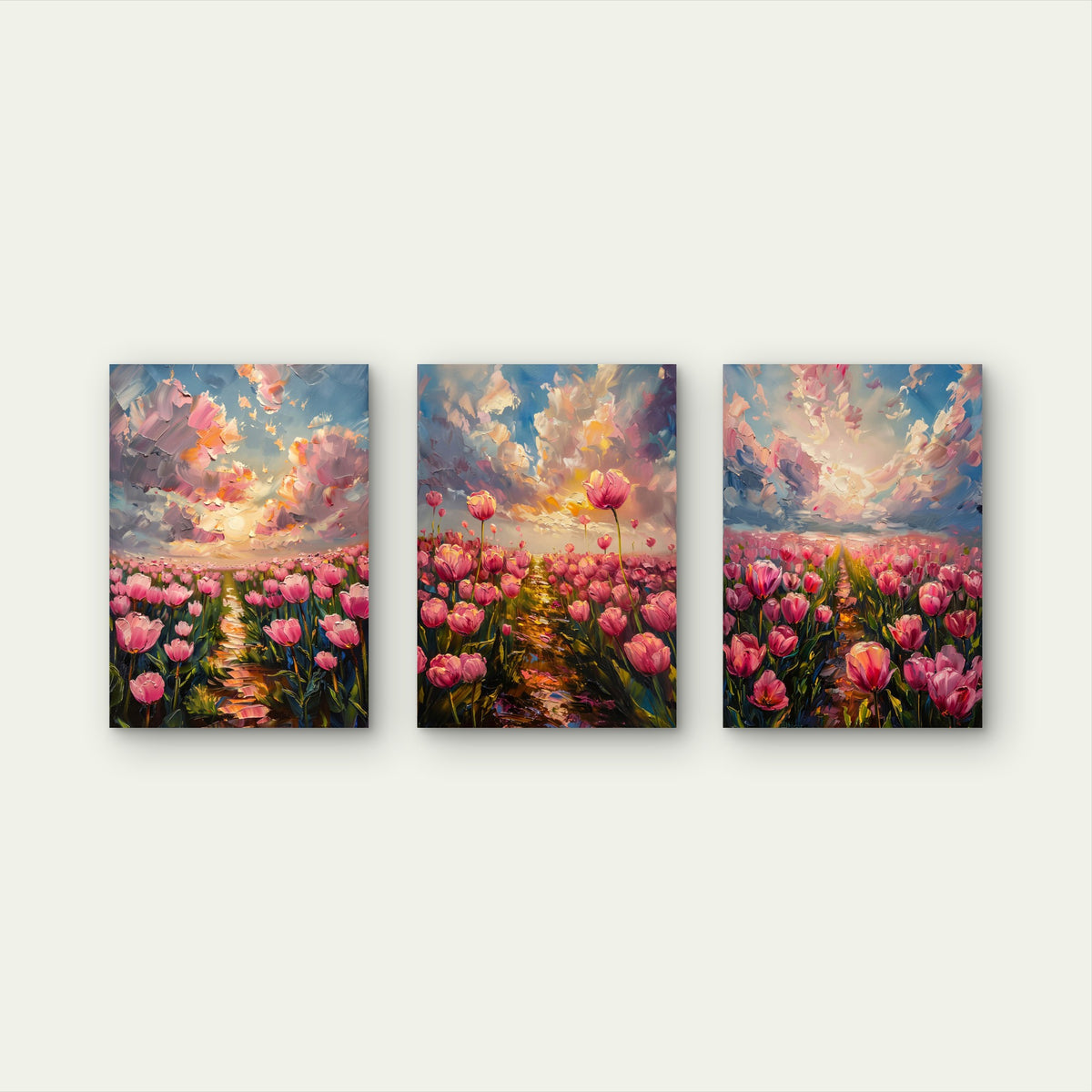 3pcs Pink Tulip Field Impasto Painting Wall Art Set Canvas Framed 60x90cm - High Quality Print 100% Australian Made Wall Canvas Ready to Hang