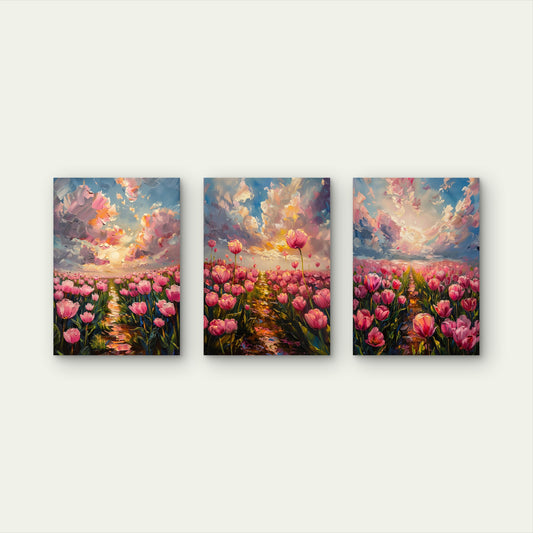 3pcs Pink Tulip Field Impasto Painting Wall Art Set Canvas Framed 50x70cm - High Quality Print 100% Australian Made Wall Canvas Ready to Hang