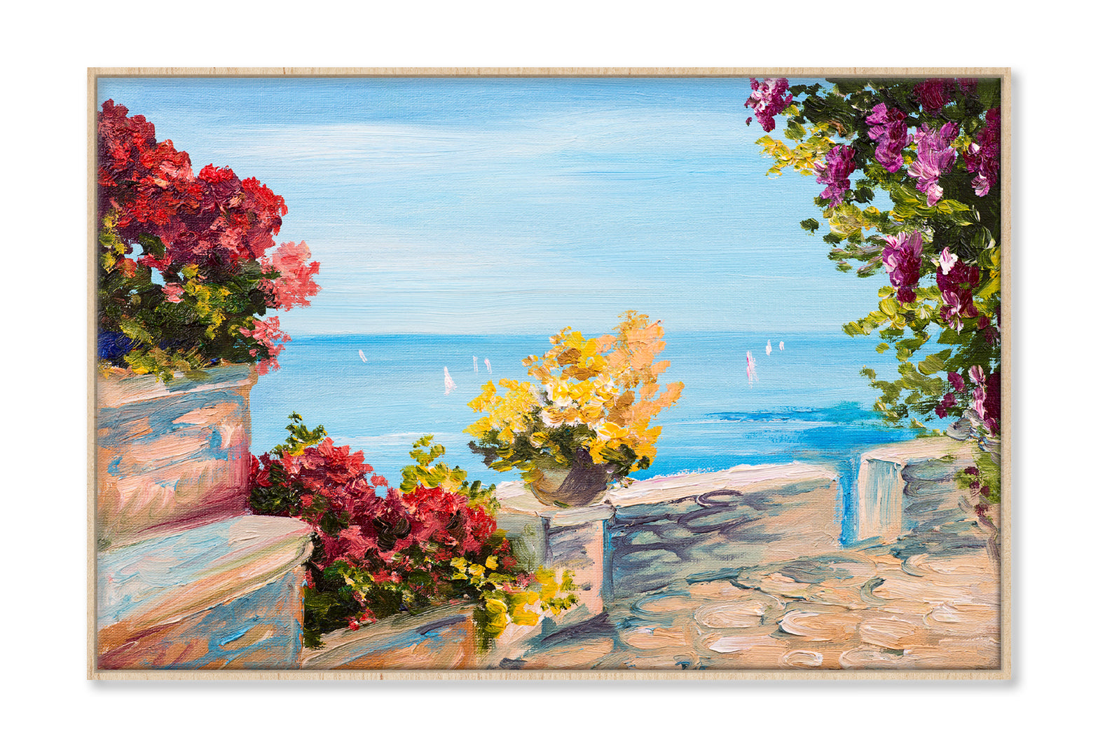 Terrace Near The Sea With Flowers Garden Oil Painting Wall Art Limited Edition High Quality Print Canvas Box Framed Natural