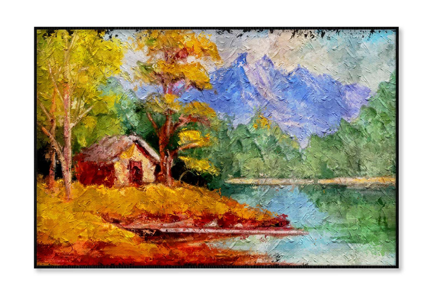 Fragment of Vintage Oil Painting Depicting a Small Cabin House near A Lake and Woods Wall Art Limited Edition High Quality Print