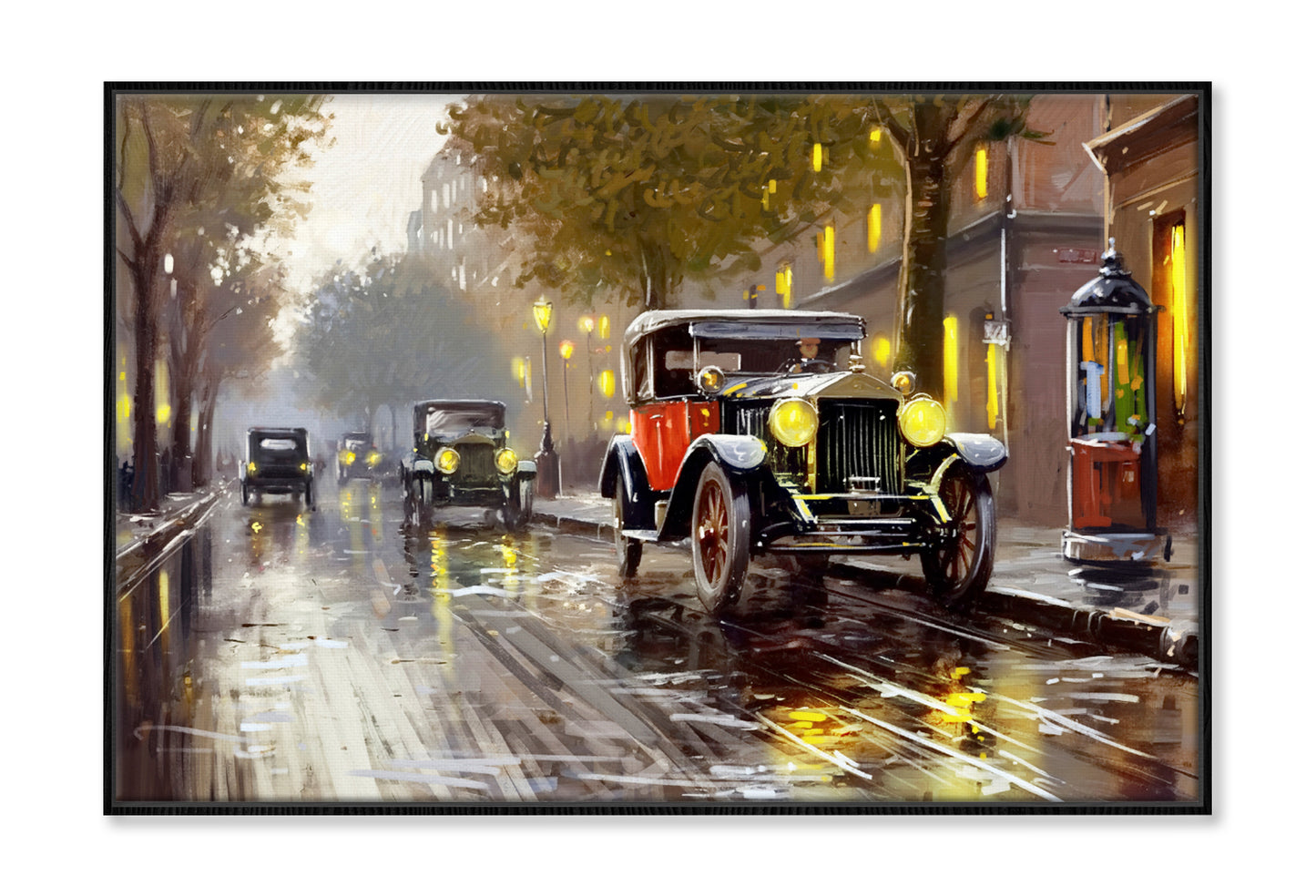 Old Cars on the City Street Oil Painting Wall Art Limited Edition High Quality Print Canvas Box Framed Black