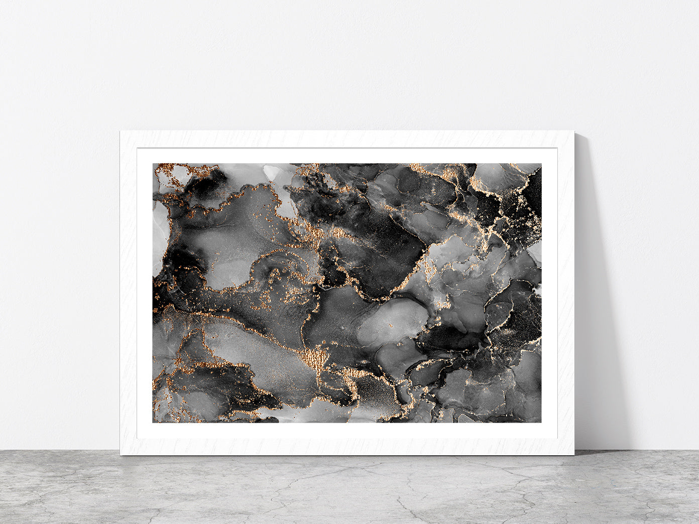 Alcohol Ink Grey & Gold Abstract Glass Framed Wall Art, Ready to Hang Quality Print With White Border White