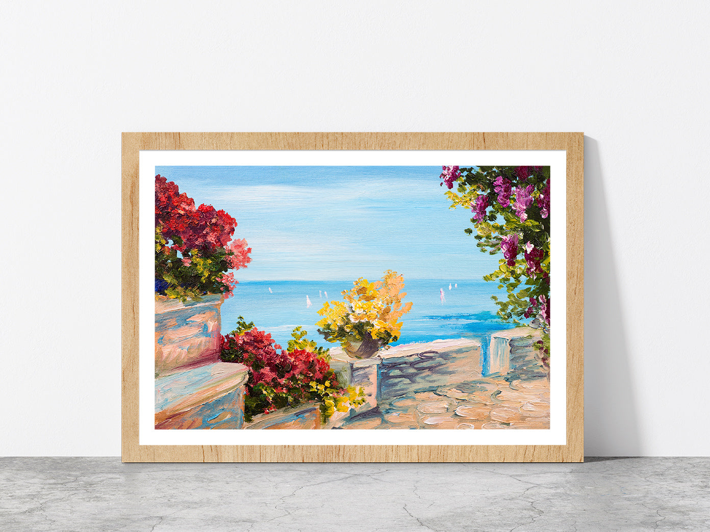 Terrace Near The Sea With Flowers Garden Glass Framed Wall Art, Ready to Hang Quality Print With White Border Oak