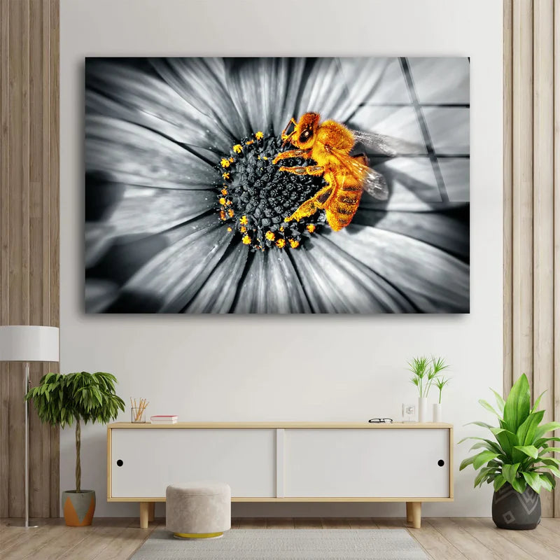 Bee on B&W Sunflower UV Direct Aluminum Print Australian Made Quality