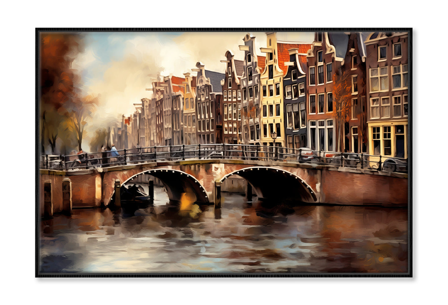 Amsterdam Houses & Bridge Oil Painting Wall Art Limited Edition High Quality Print Canvas Box Framed Black