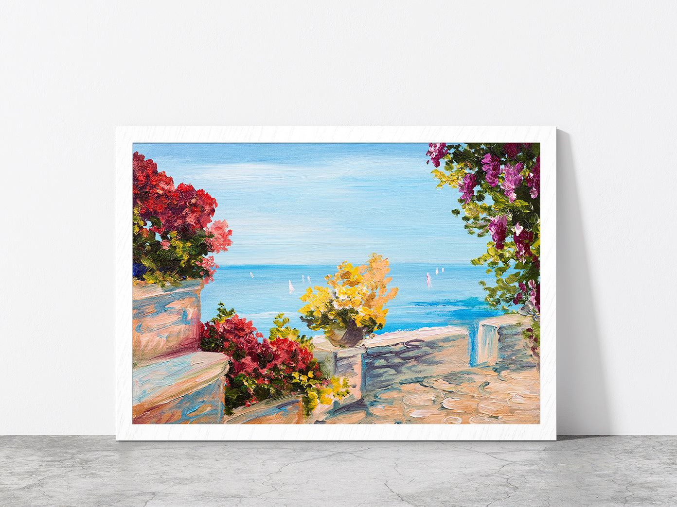 Terrace Near The Sea With Flowers Garden Glass Framed Wall Art, Ready to Hang Quality Print Without White Border White