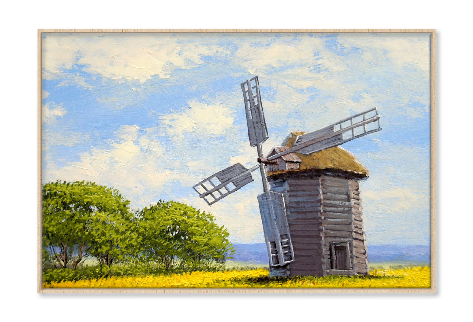 Green Trees near Windmill & Cloudy Sky Oil Painting Wall Art Limited Edition High Quality Print Canvas Box Framed Natural