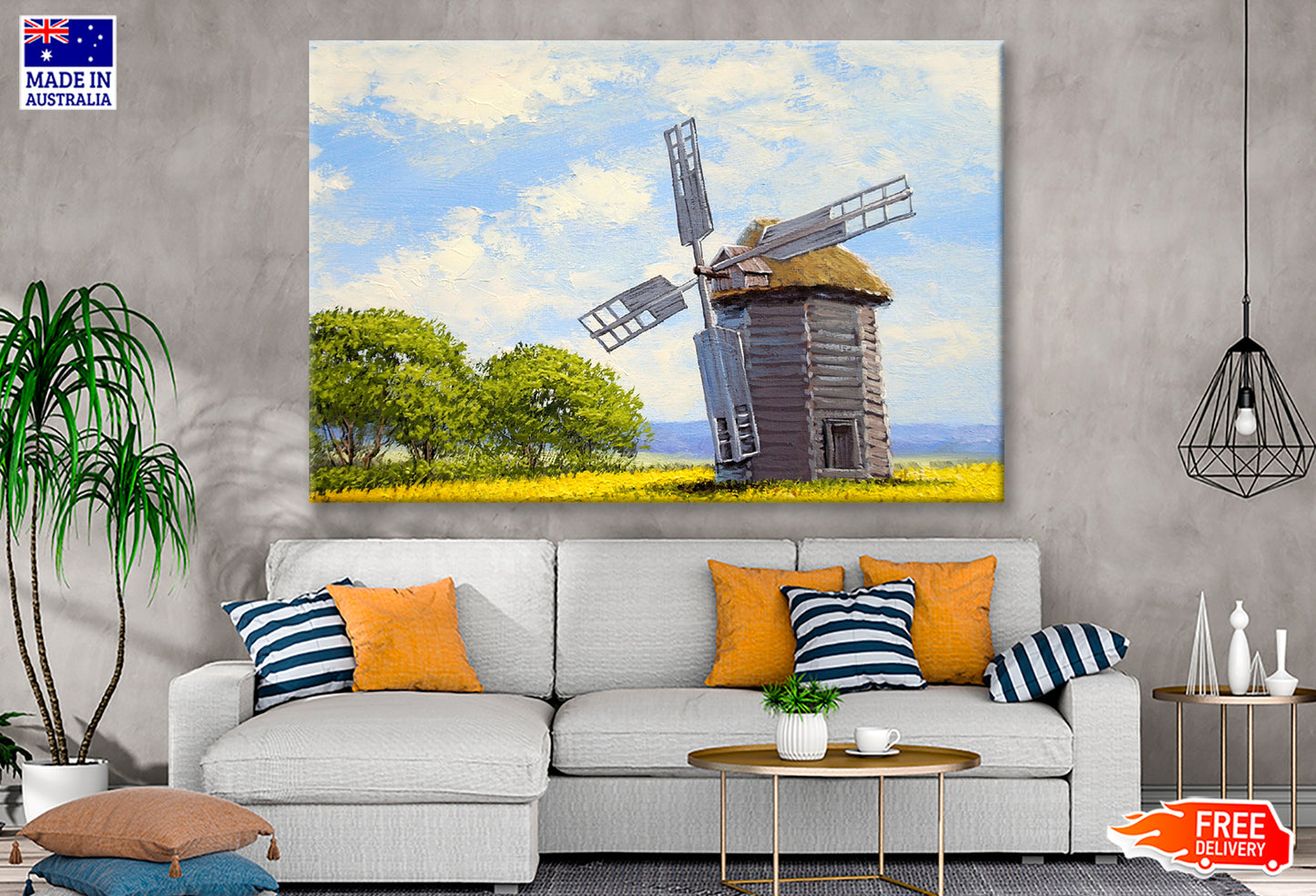 Green Trees near Windmill & Cloudy Sky Oil Painting Wall Art Limited Edition High Quality Print