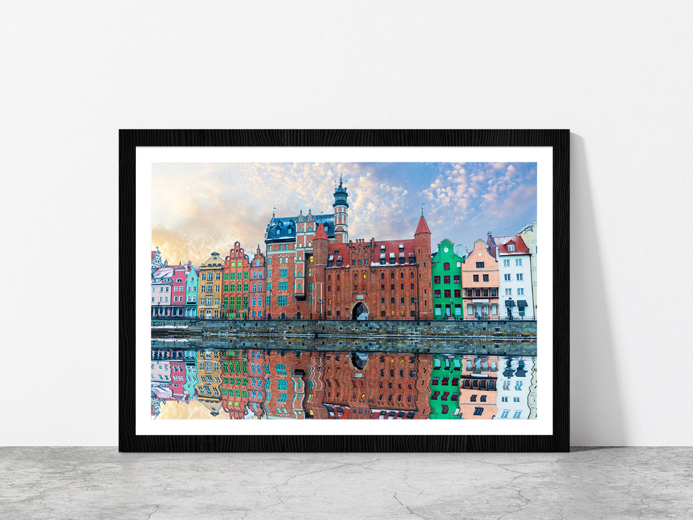 Colorful Buildings & Motlawa River Glass Framed Wall Art, Ready to Hang Quality Print With White Border Black