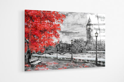 Red black and white London big ben Oil Painting UV Direct Aluminum Print Australian Made Quality