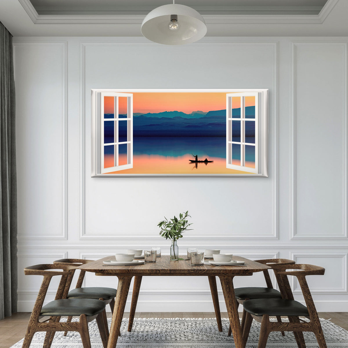 Sunset Lake Boat Silhouette Wall Art Canvas Office Home Room Framed 120x60cm