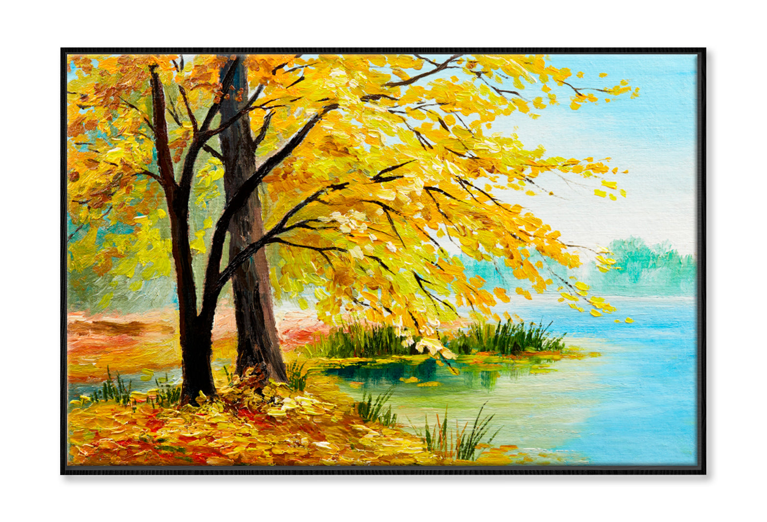 Colorful Autumn Forest & Lake Oil Painting Limited Edition High Quality Print Canvas Box Framed Black