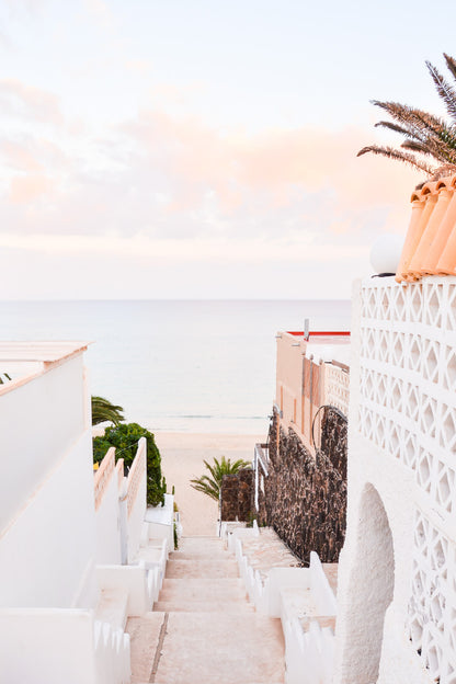 Stairs to Sea & House View Photograph Glass Framed Wall Art, Ready to Hang Quality Print